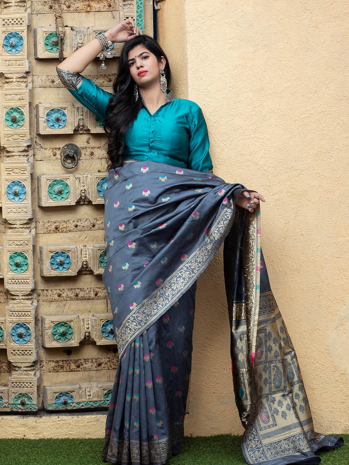 Gorgeous Woven Grey Banarasi Silk Saree - Rajwada
