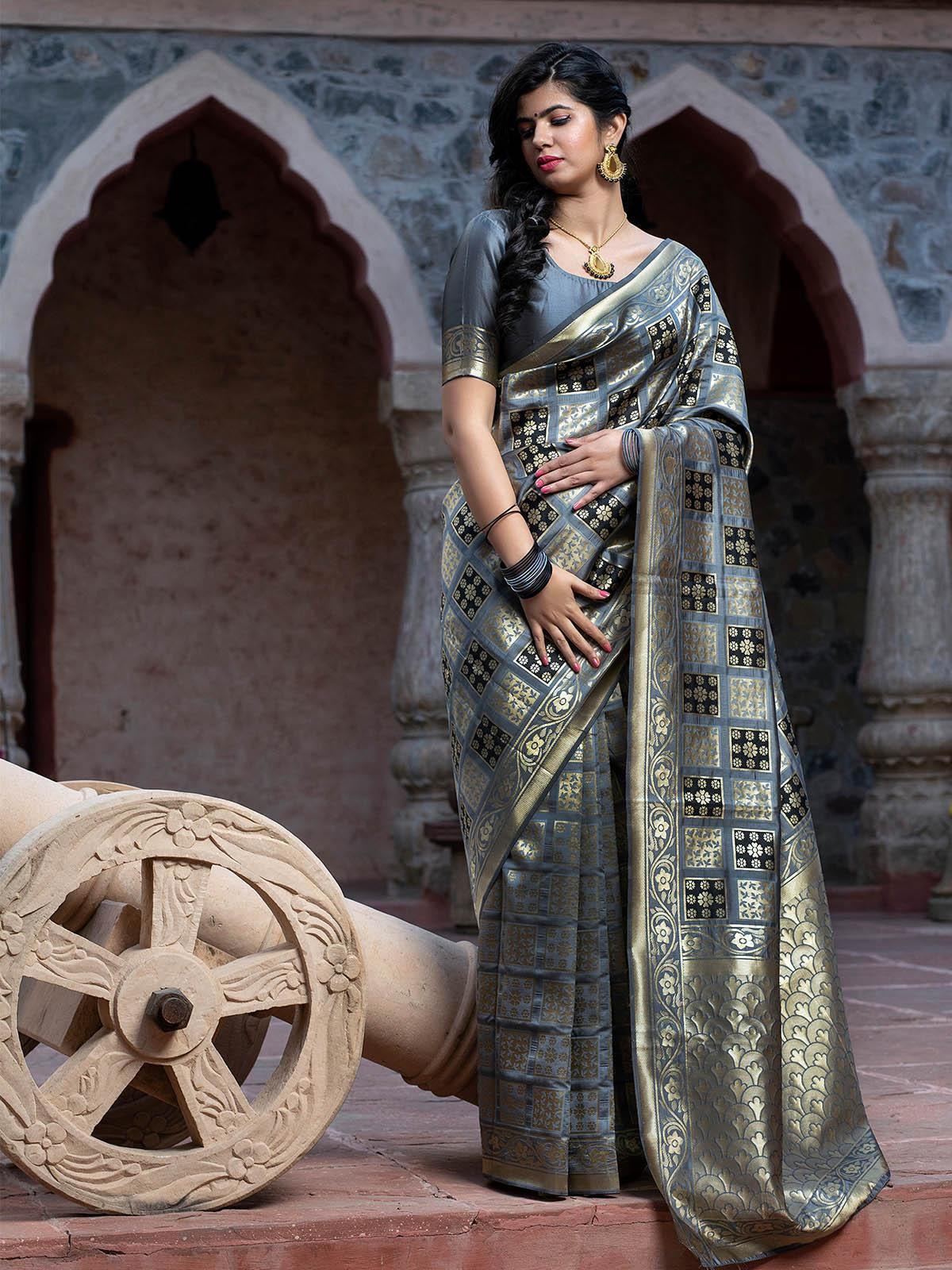 Gorgeous Woven Grey Banarasi Silk Saree - Rajwada