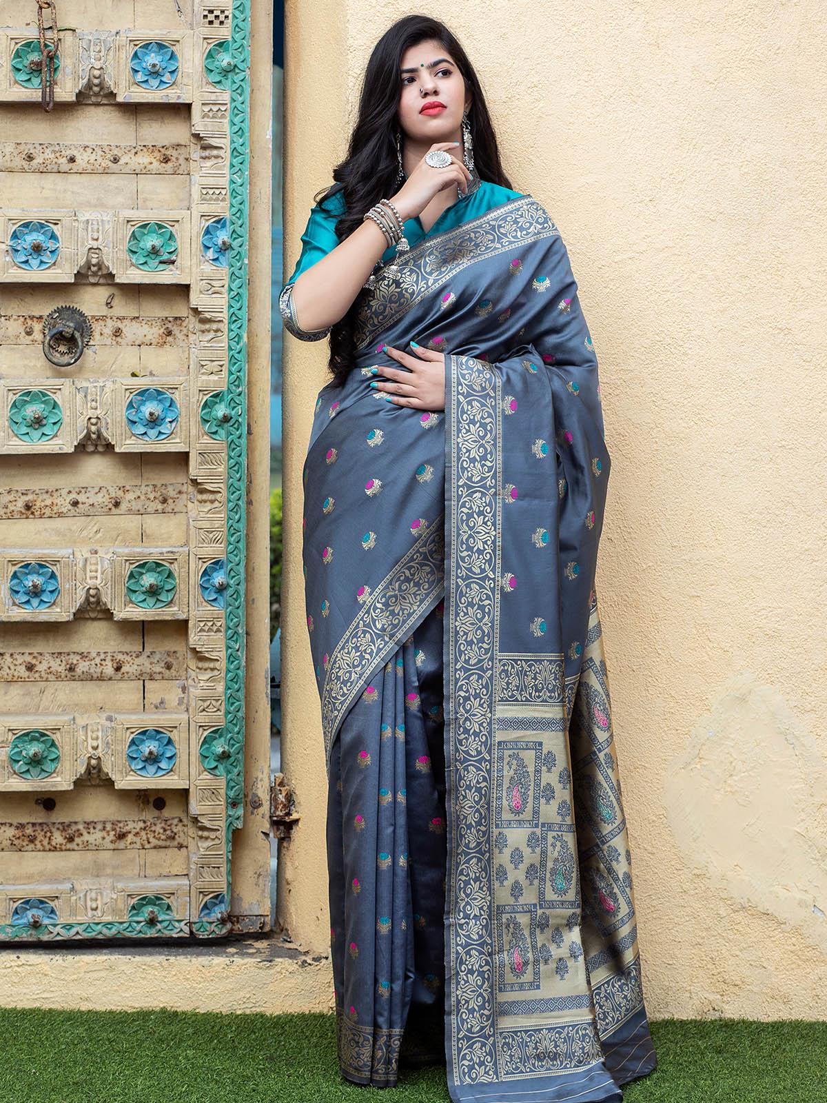 Gorgeous Woven Grey Banarasi Silk Saree - Rajwada