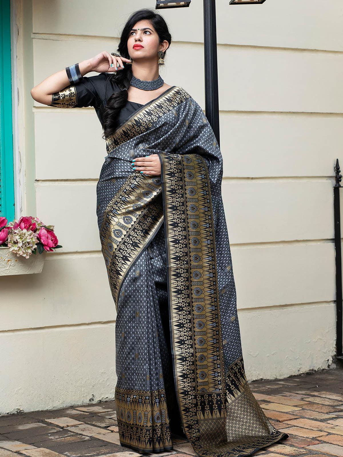 Gorgeous Woven Grey Banarasi Silk Saree - Rajwada