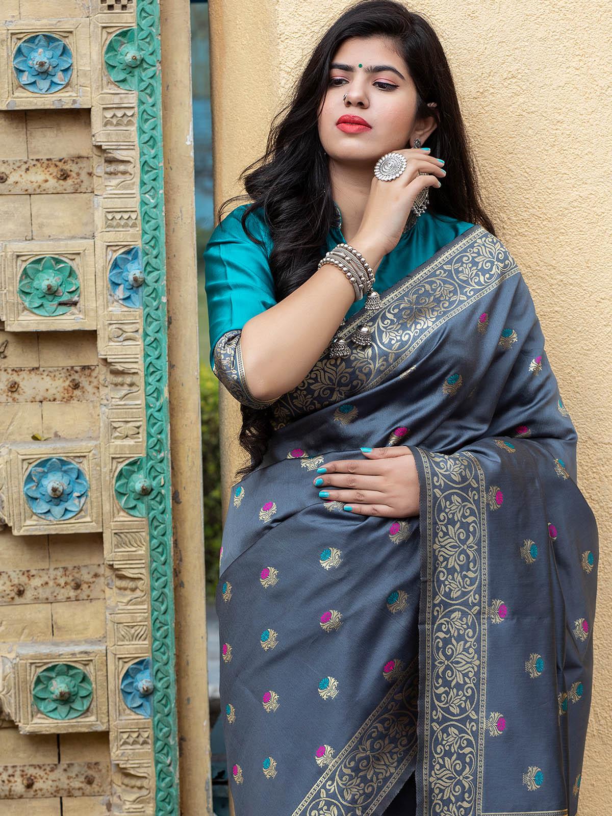 Gorgeous Woven Grey Banarasi Silk Saree - Rajwada