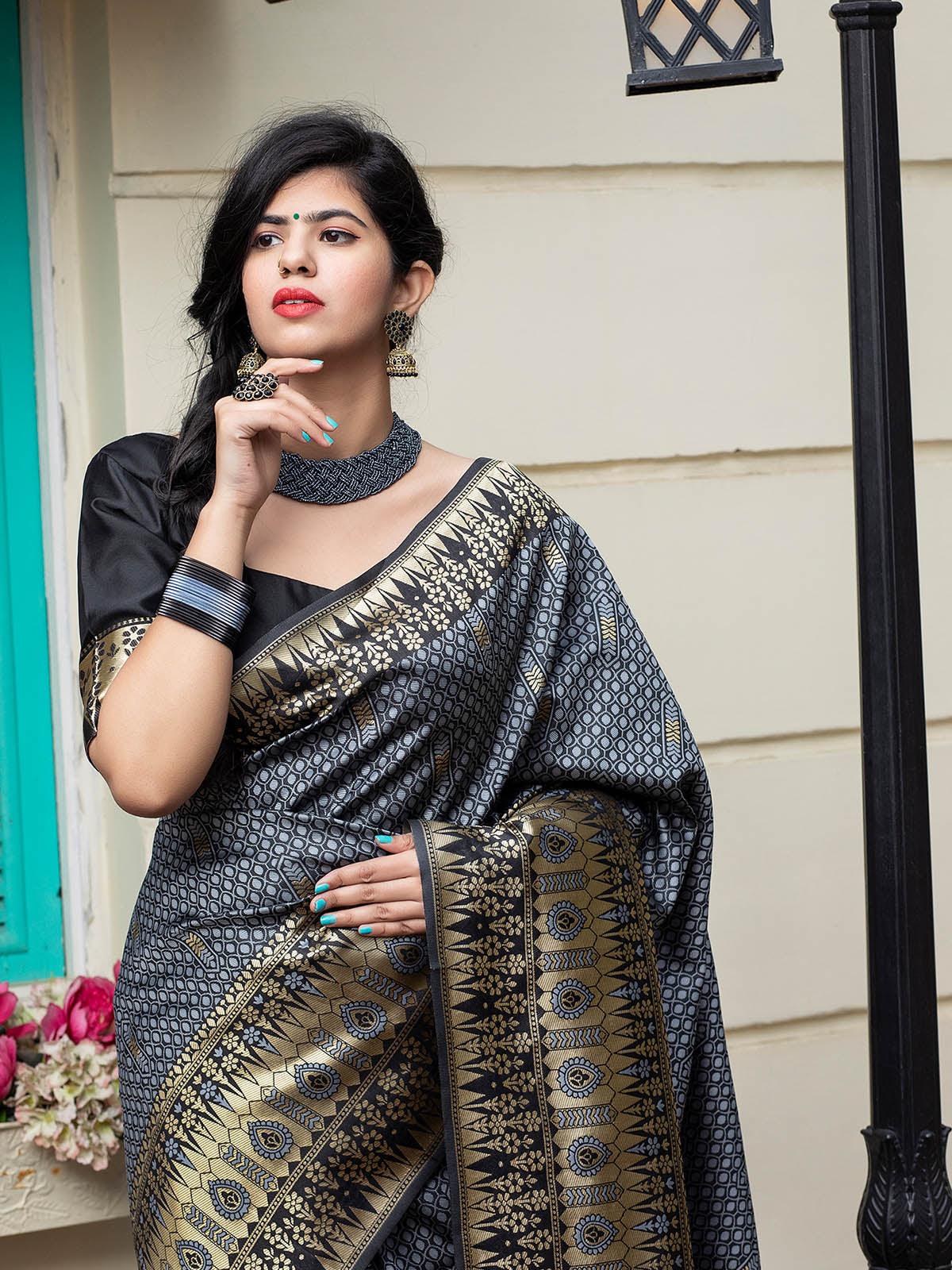Gorgeous Woven Grey Banarasi Silk Saree - Rajwada