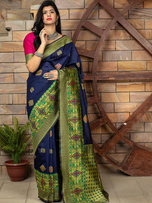 Gorgeous Woven Navy Banarasi Silk Saree - Rajwada