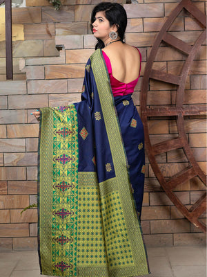 Gorgeous Woven Navy Banarasi Silk Saree - Rajwada