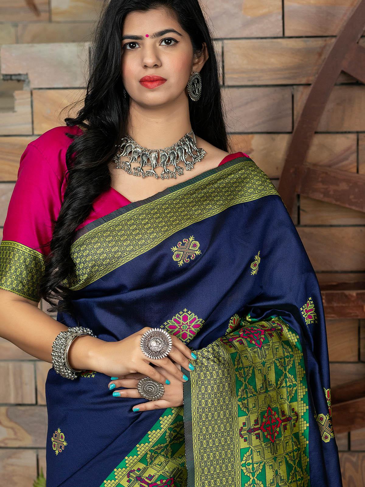 Gorgeous Woven Navy Banarasi Silk Saree - Rajwada