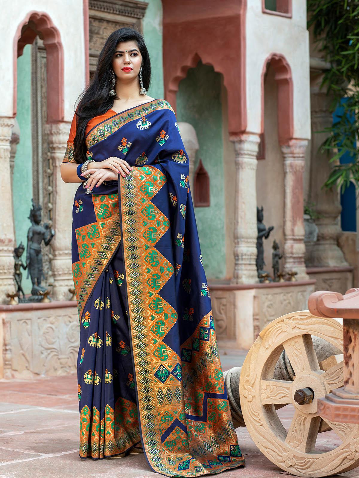 Gorgeous Woven Navy Blue Patola Silk Saree - Rajwada