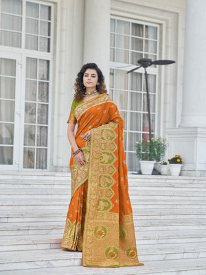 Gorgeous Woven Orange Banarasi Silk Saree - Rajwada