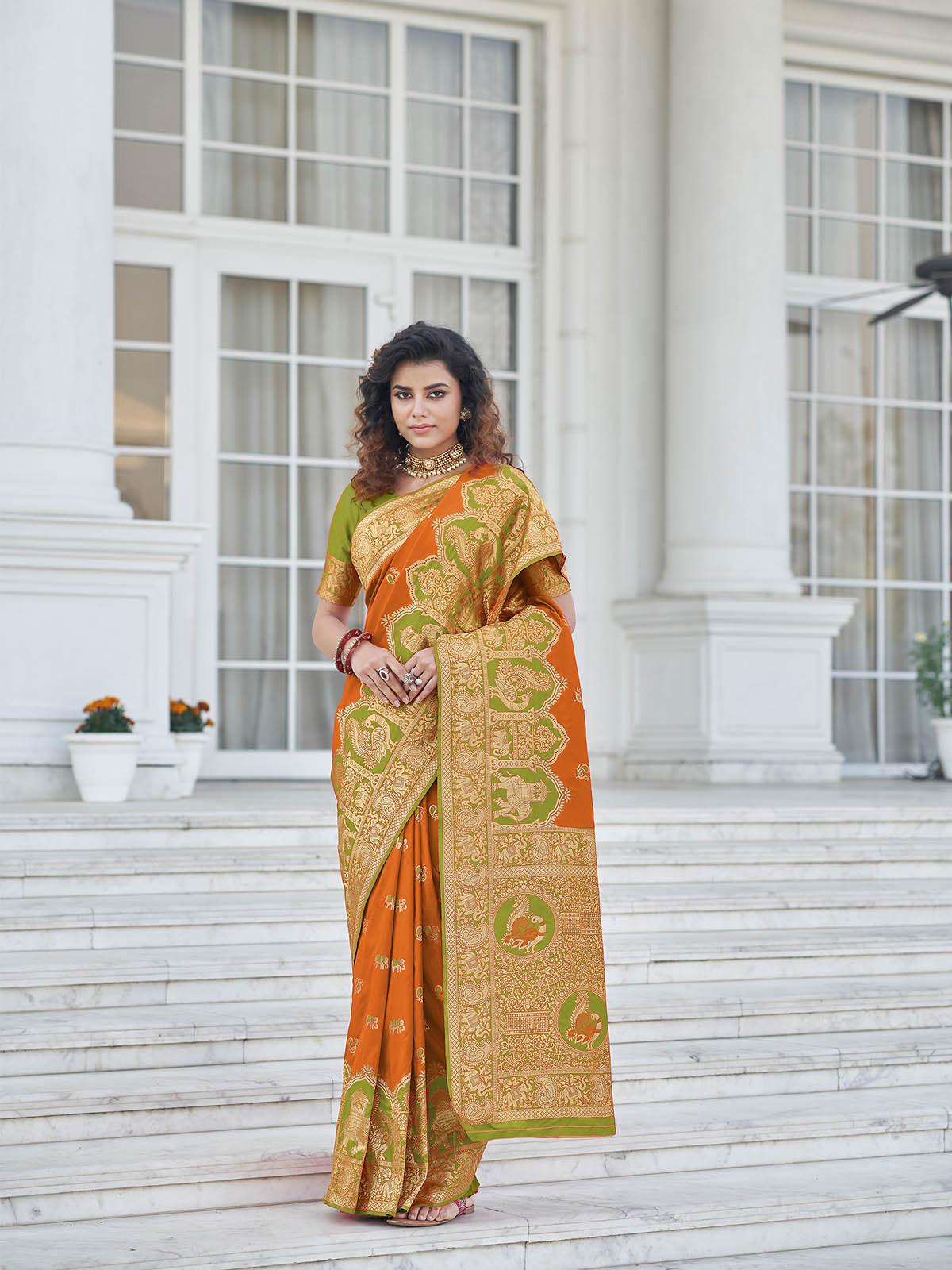 Gorgeous Woven Orange Banarasi Silk Saree - Rajwada
