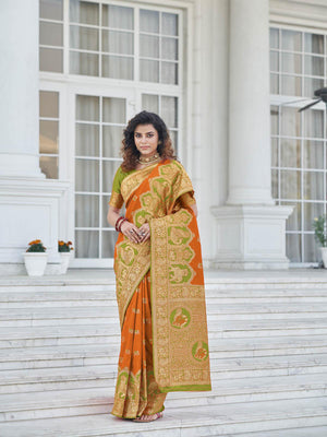 Gorgeous Woven Orange Banarasi Silk Saree - Rajwada