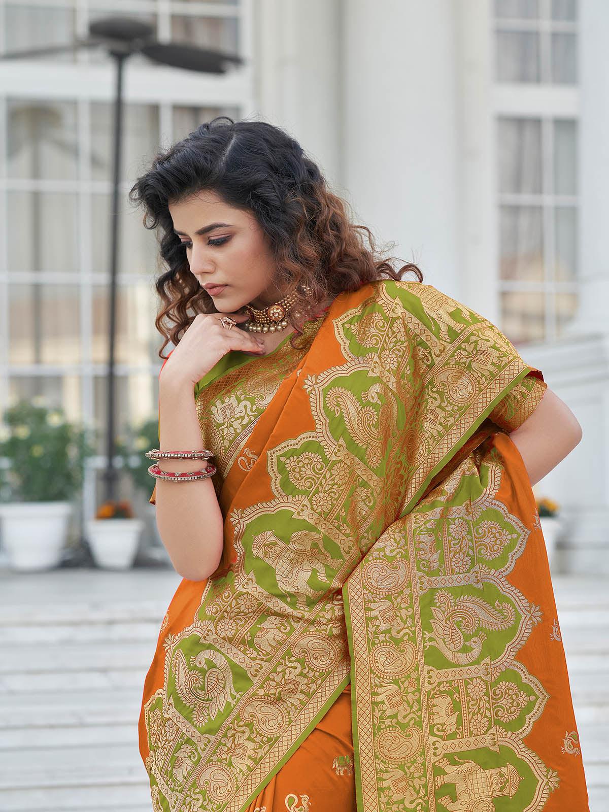 Gorgeous Woven Orange Banarasi Silk Saree - Rajwada