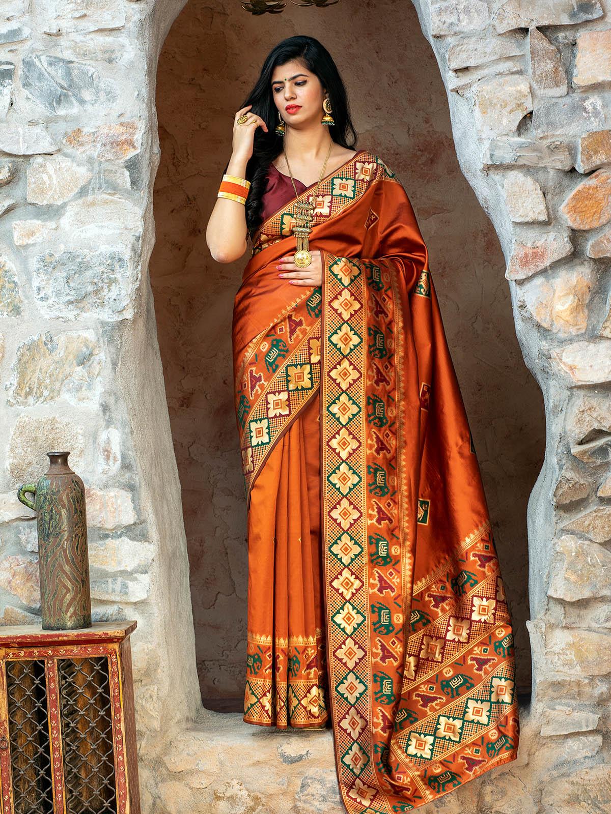 Gorgeous Woven Orange Patola Silk Saree - Rajwada