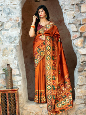 Gorgeous Woven Orange Patola Silk Saree - Rajwada