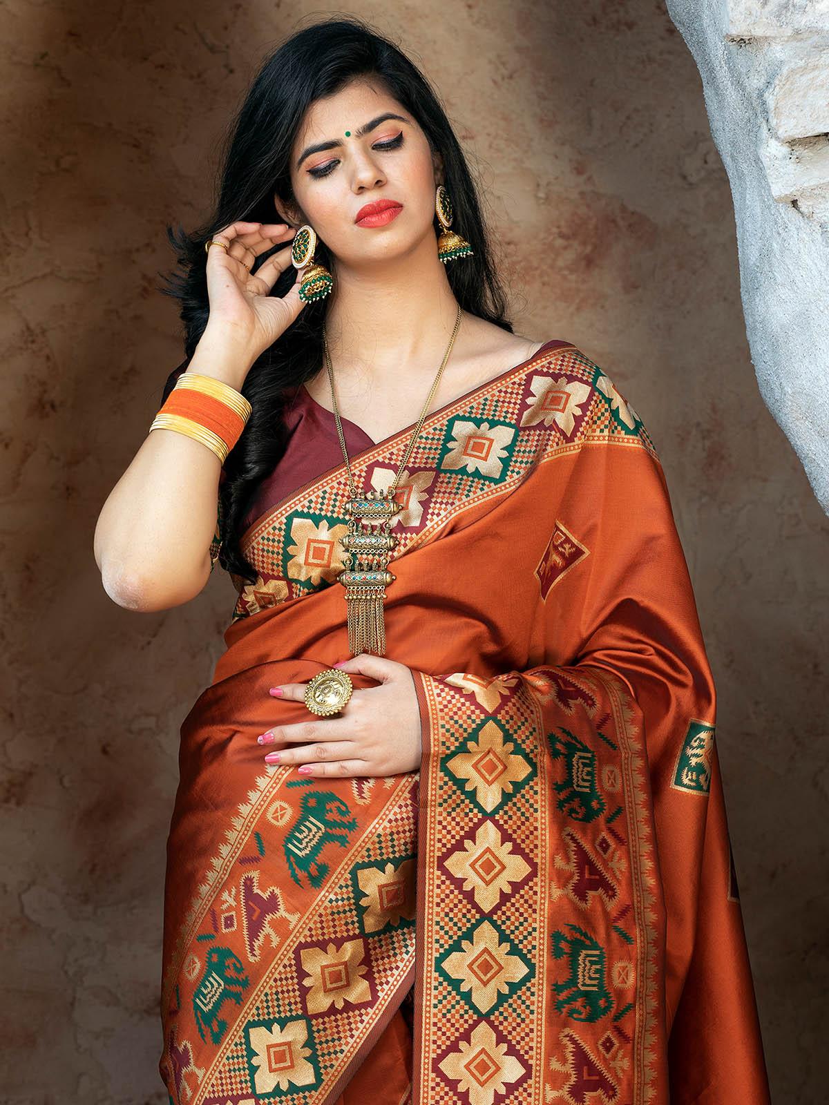 Gorgeous Woven Orange Patola Silk Saree - Rajwada