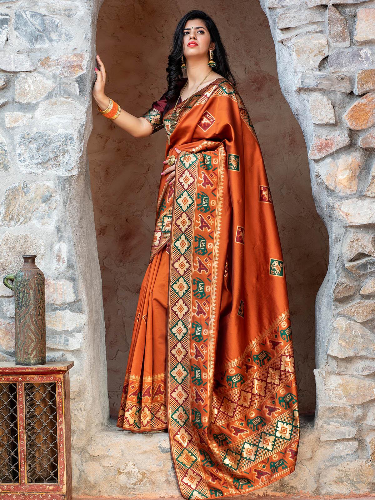 Gorgeous Woven Orange Patola Silk Saree - Rajwada