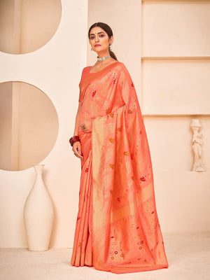 Gorgeous Woven Peach Banarasi Silk Saree - Rajwada