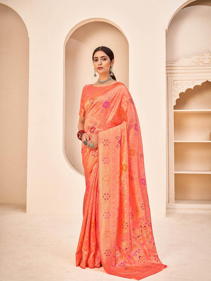 Gorgeous Woven Peach Banarasi Silk Saree - Rajwada