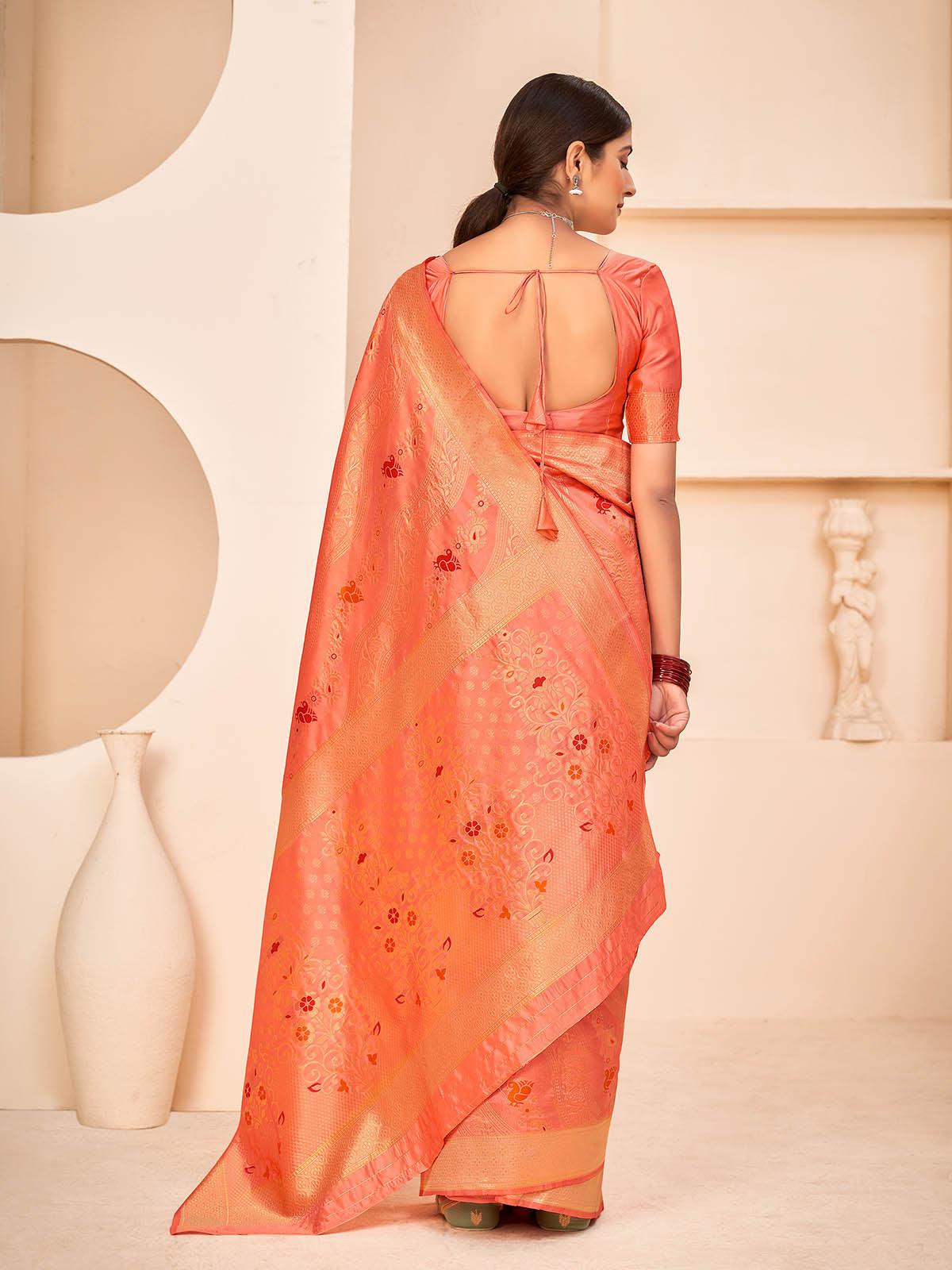 Gorgeous Woven Peach Banarasi Silk Saree - Rajwada
