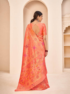 Gorgeous Woven Peach Banarasi Silk Saree - Rajwada