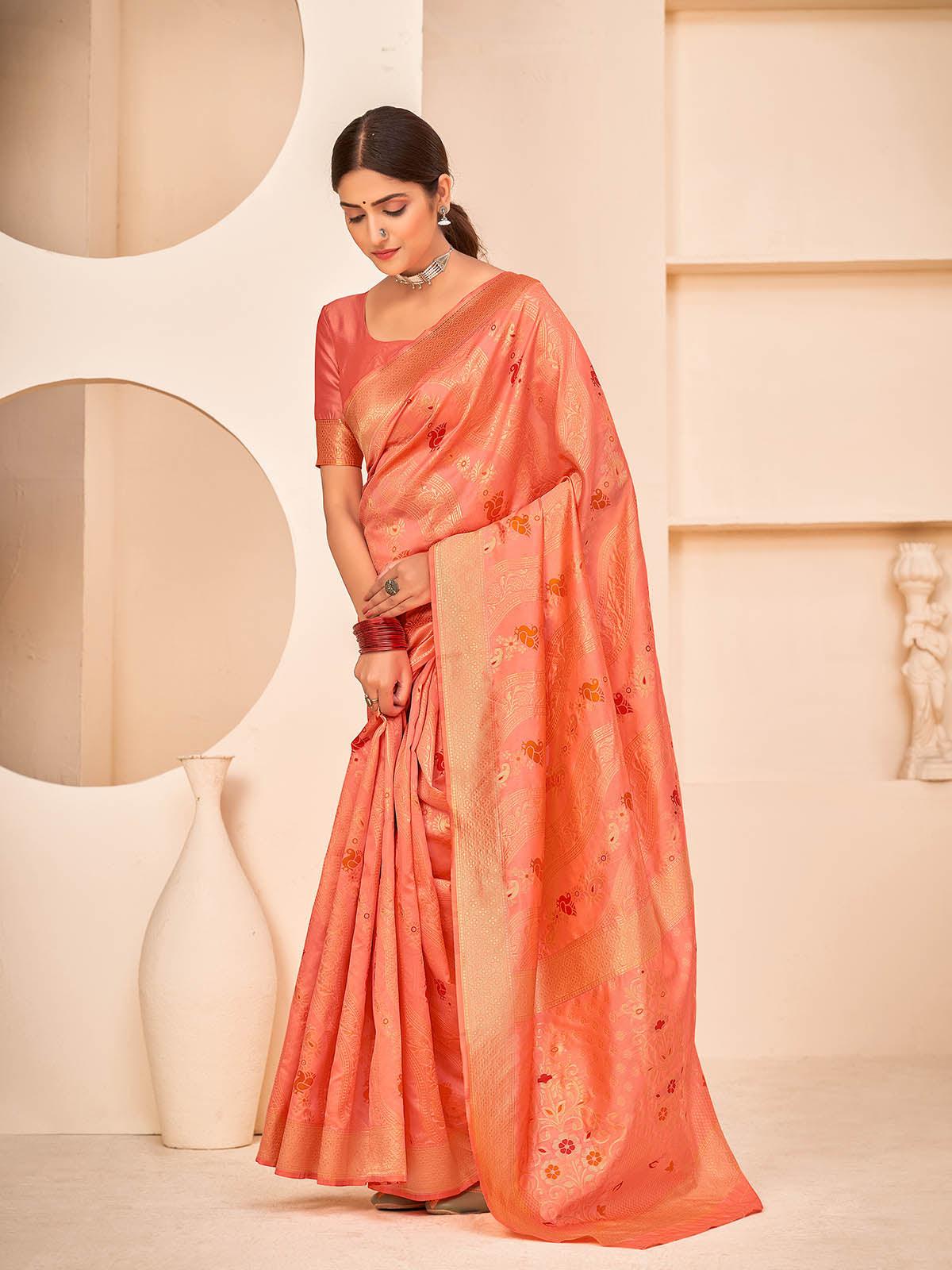Gorgeous Woven Peach Banarasi Silk Saree - Rajwada