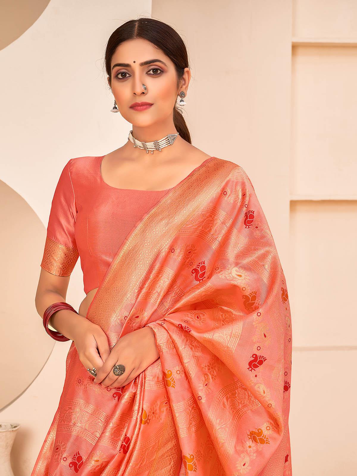 Gorgeous Woven Peach Banarasi Silk Saree - Rajwada