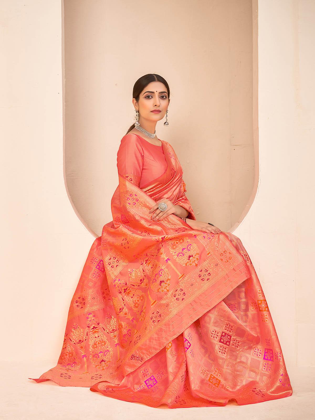 Gorgeous Woven Peach Banarasi Silk Saree - Rajwada