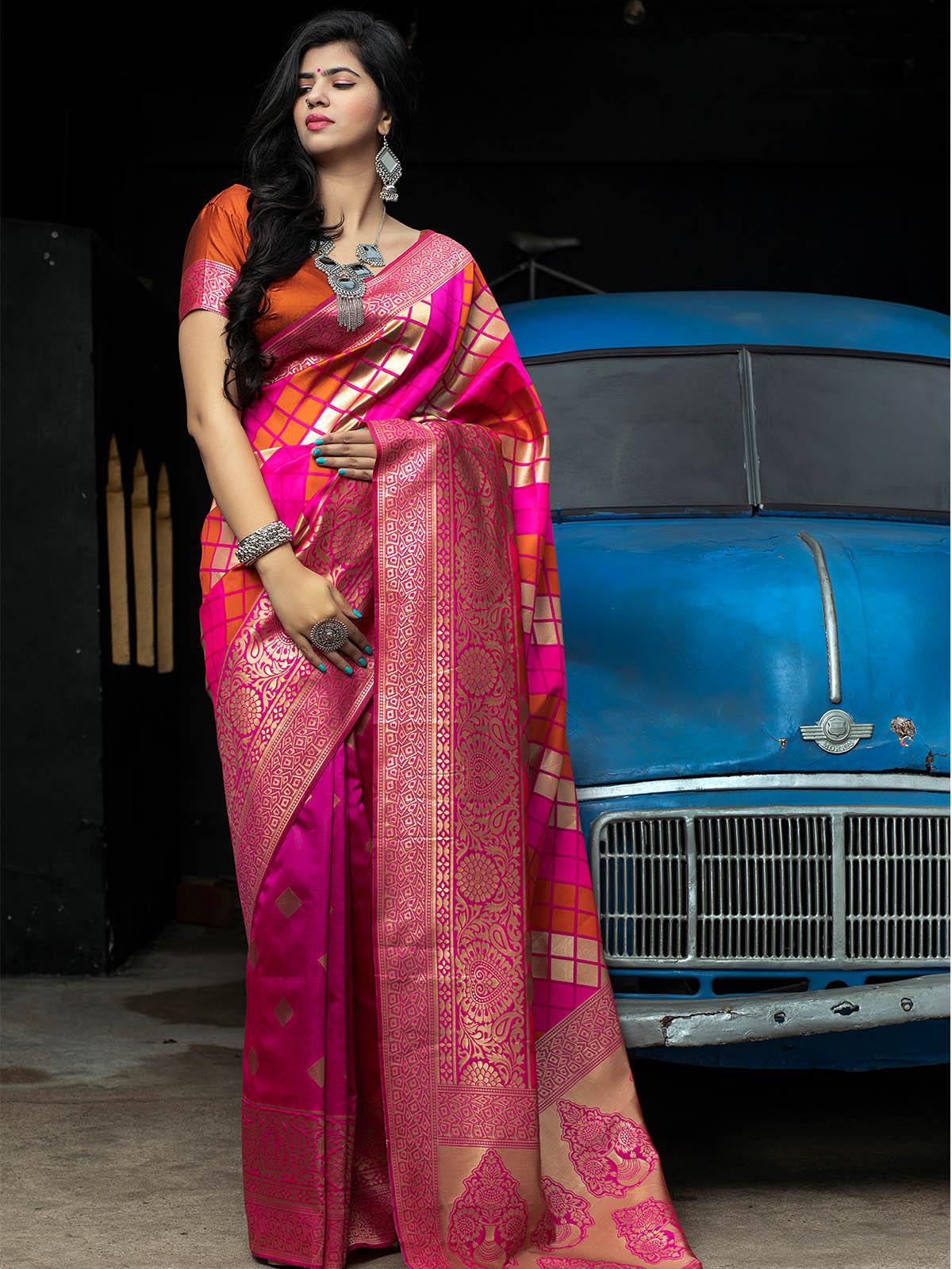 Gorgeous Woven Pink Banarasi Silk Saree - Rajwada