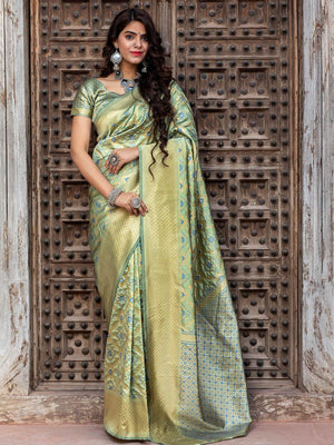 Gorgeous Woven Pista Banarasi Silk Saree - Rajwada