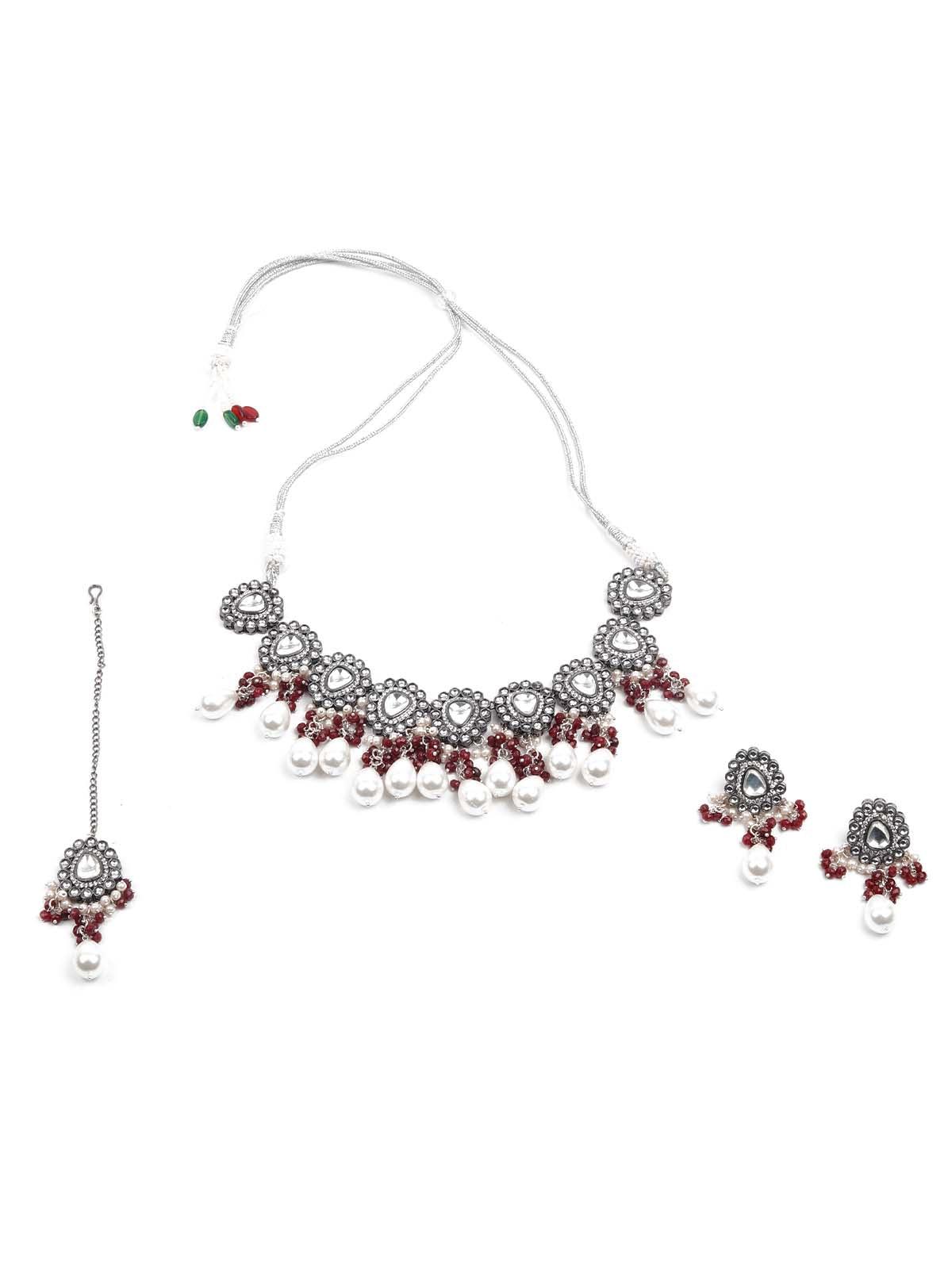 Graceful Red and White Palladium Neckpiece Set - Rajwada