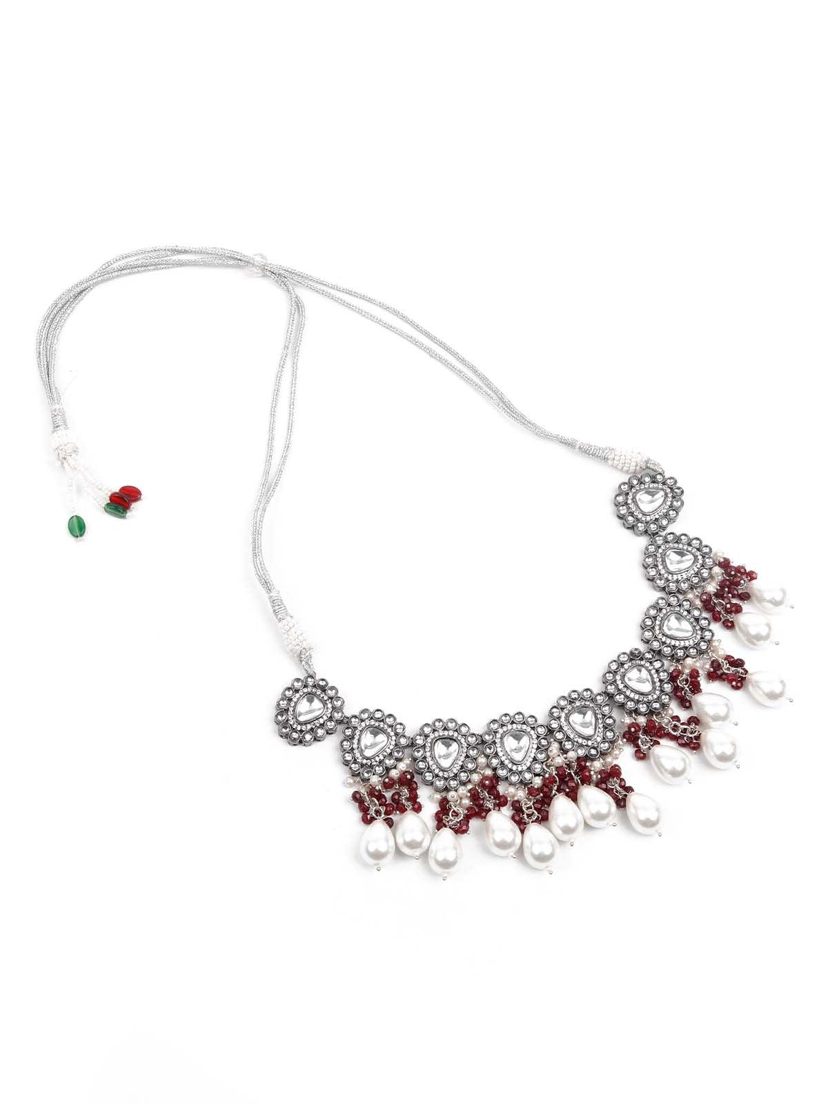 Graceful Red and White Palladium Neckpiece Set - Rajwada