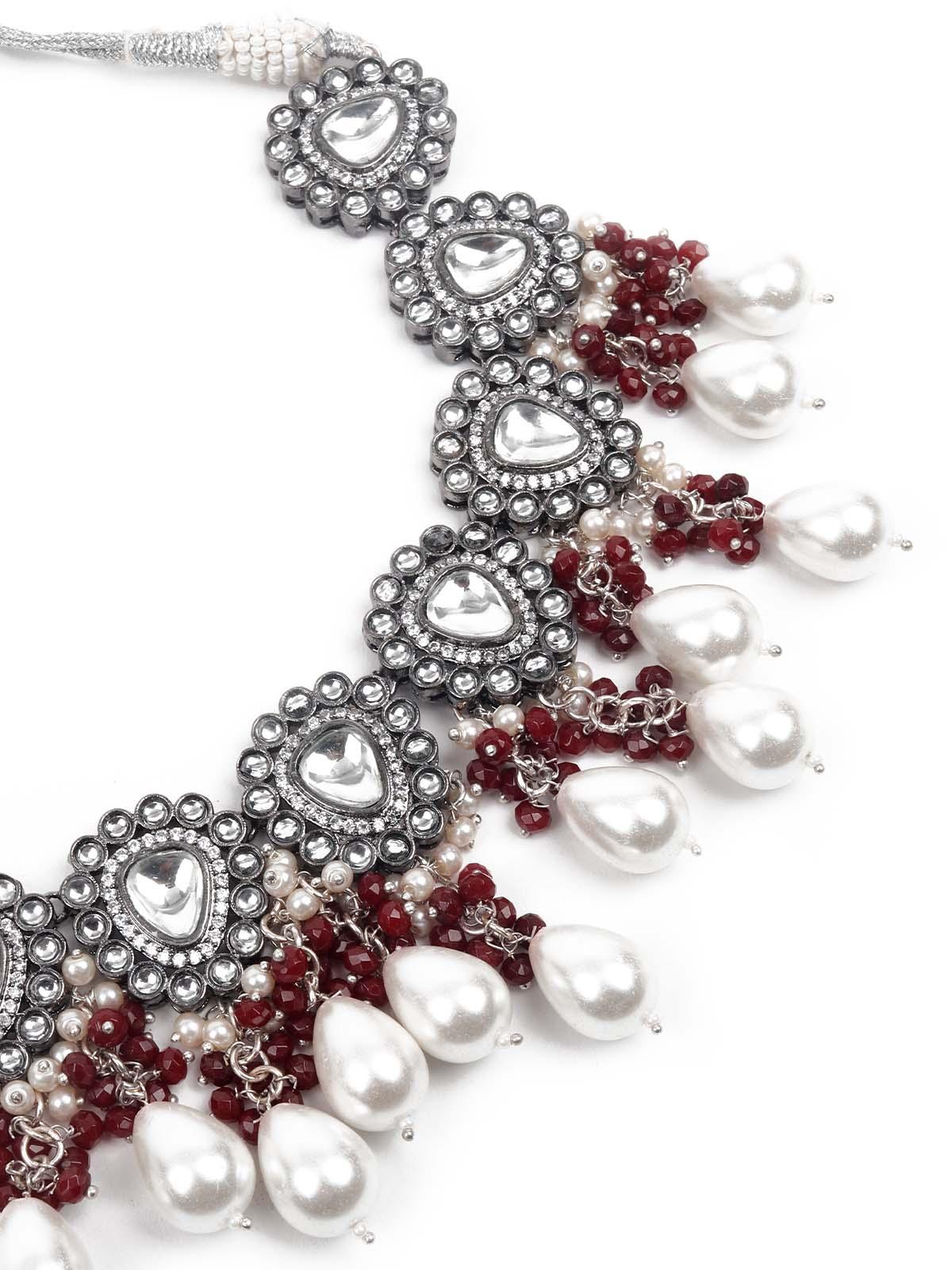 Graceful Red and White Palladium Neckpiece Set - Rajwada