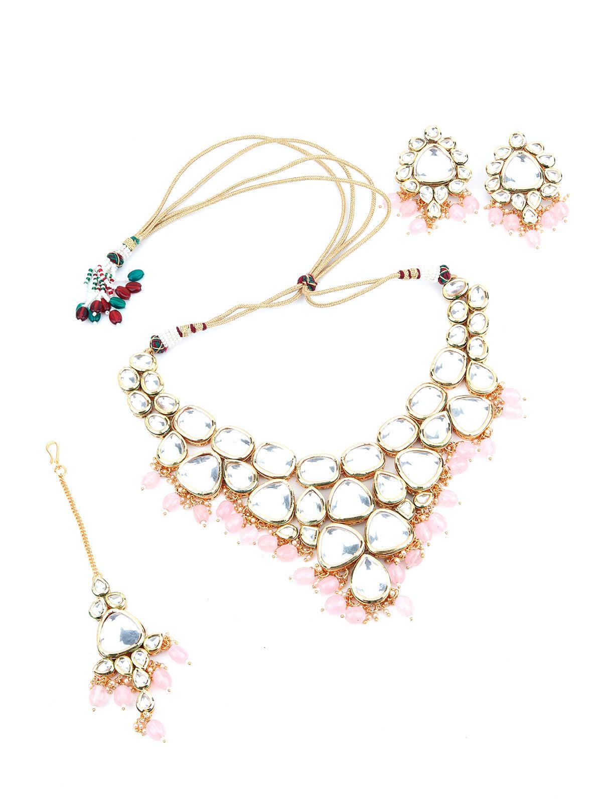 Grape Bunch Shape Pink Mani-Kundan Necklace Set - Rajwada