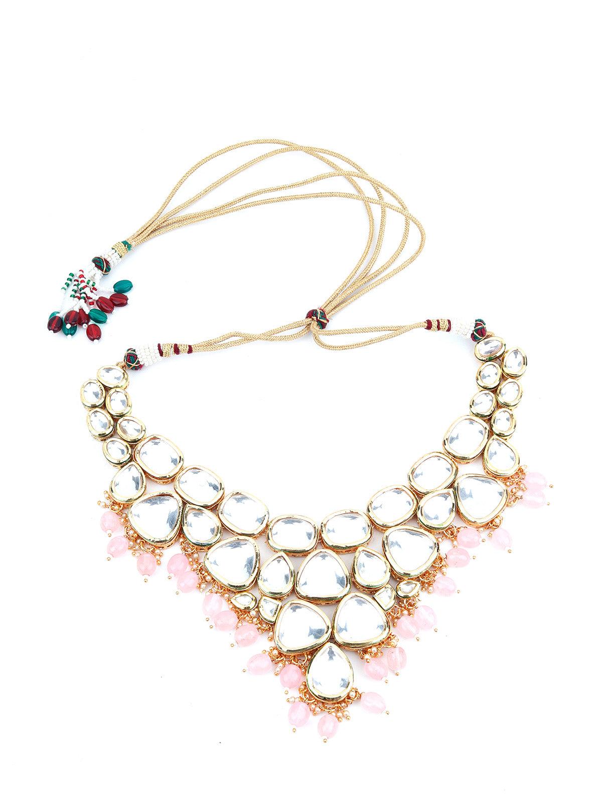 Grape Bunch Shape Pink Mani-Kundan Necklace Set - Rajwada