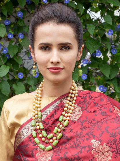 Green And Gold Pearl Beaded Necklace Set - Rajwada