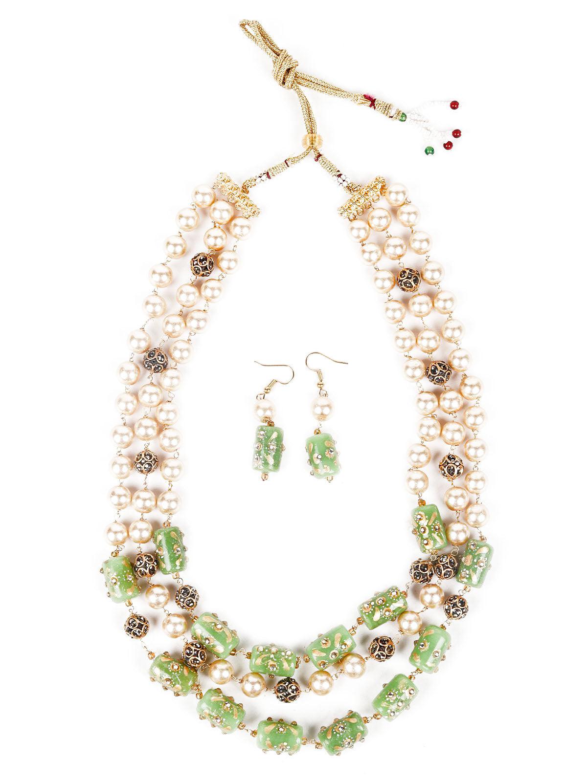 Green And Gold Pearl Beaded Necklace Set - Rajwada