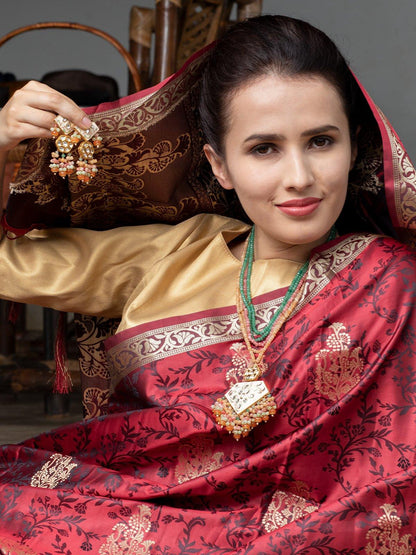 Green and orange beaded pendant necklace set - Rajwada