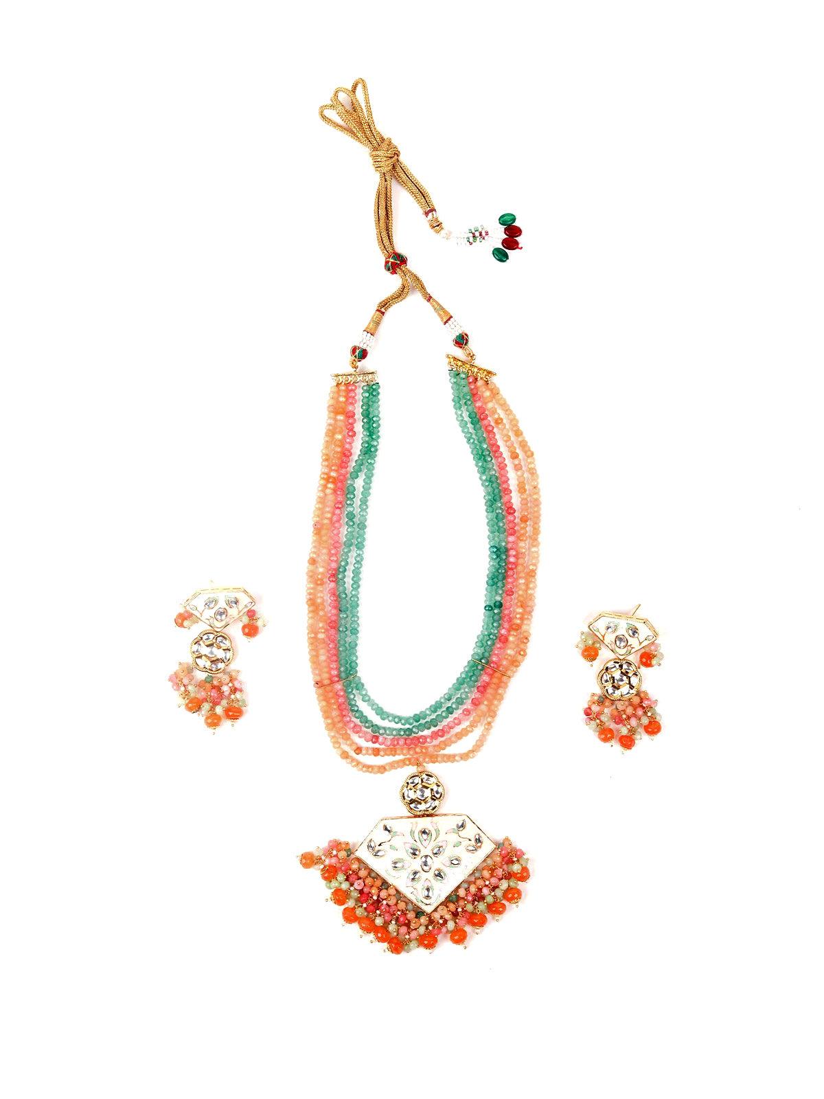 Green and orange beaded pendant necklace set - Rajwada
