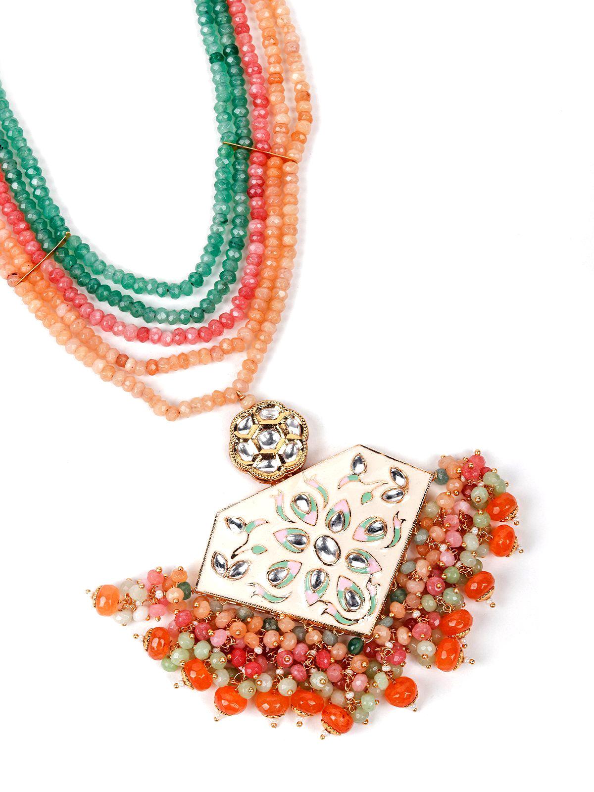 Green and orange beaded pendant necklace set - Rajwada