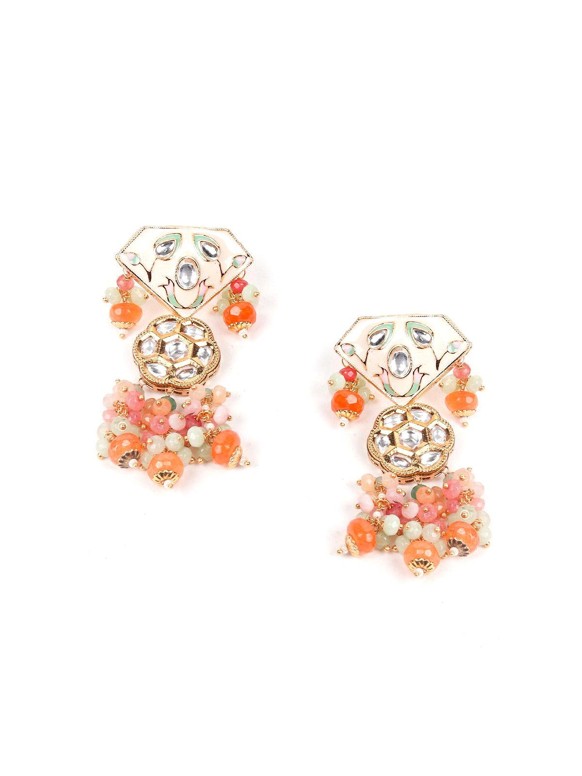Green and orange beaded pendant necklace set - Rajwada