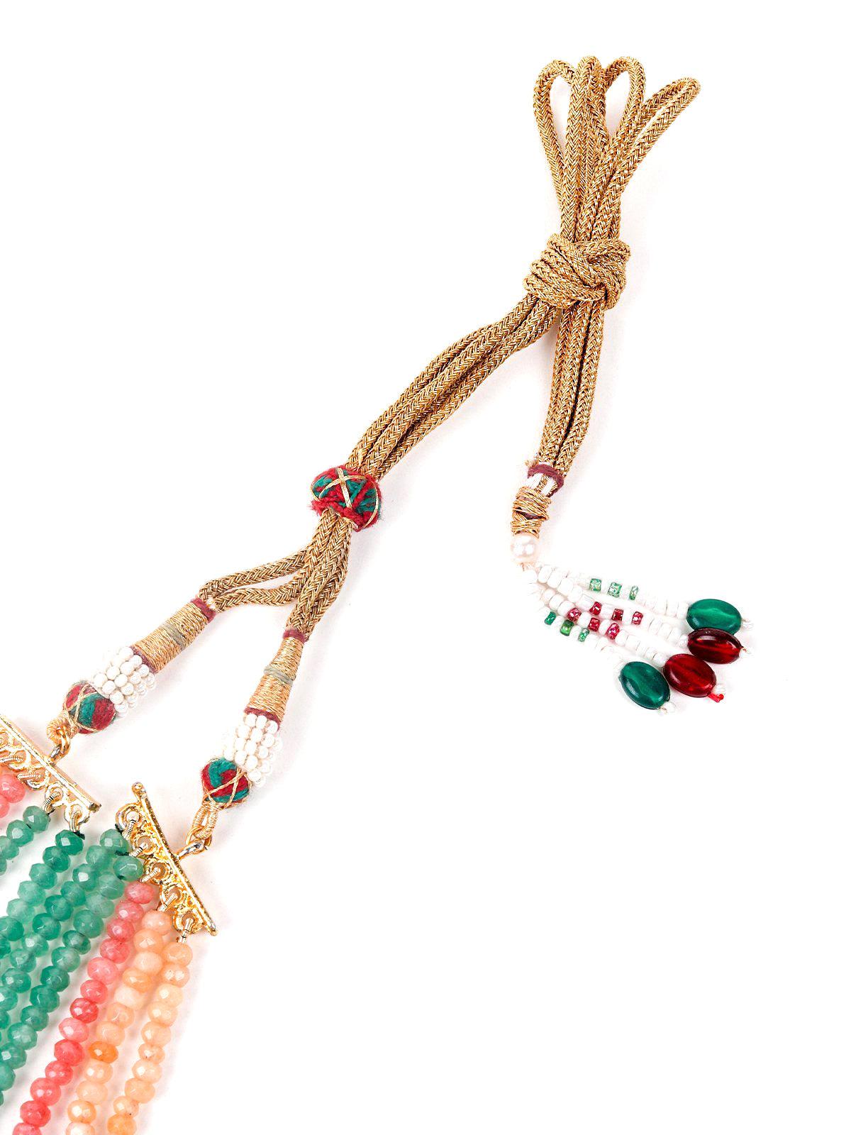 Green and orange beaded pendant necklace set - Rajwada
