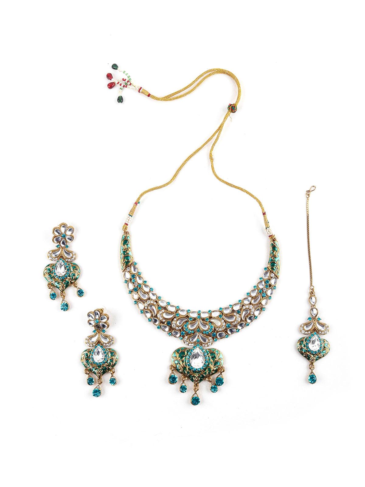 Green And White Kundan Heart Choker Set - Rajwada
