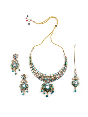 Green And White Kundan Heart Choker Set - Rajwada