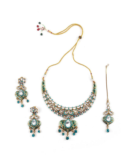 Green And White Kundan Heart Choker Set - Rajwada