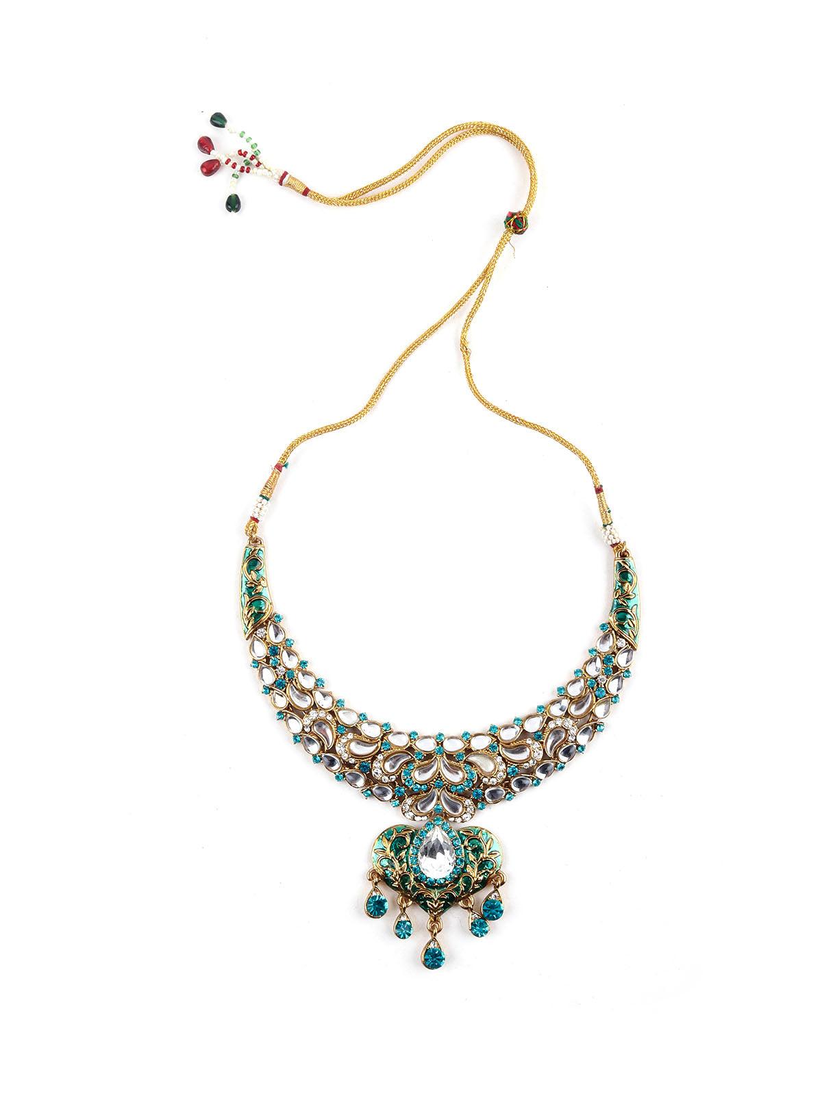 Green And White Kundan Heart Choker Set - Rajwada