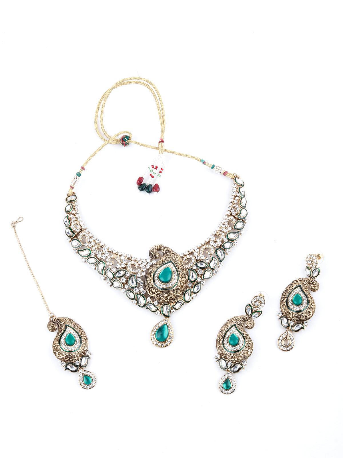Green and White Kundan Paisley Choker Necklace - Rajwada