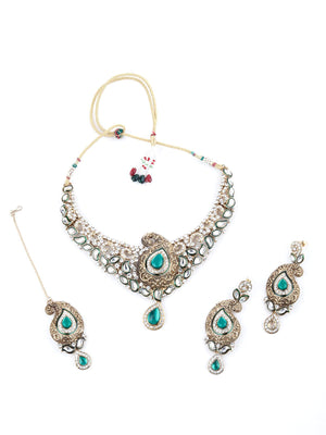 Green and White Kundan Paisley Choker Necklace - Rajwada