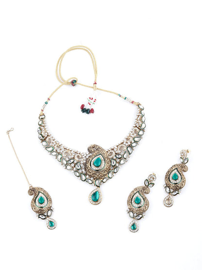 Green and White Kundan Paisley Choker Necklace - Rajwada