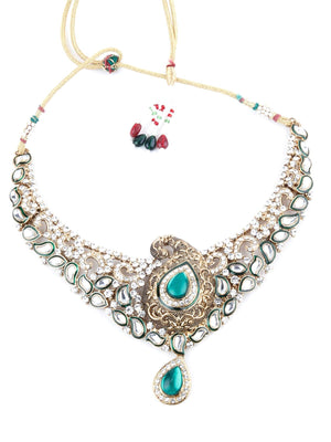Green and White Kundan Paisley Choker Necklace - Rajwada