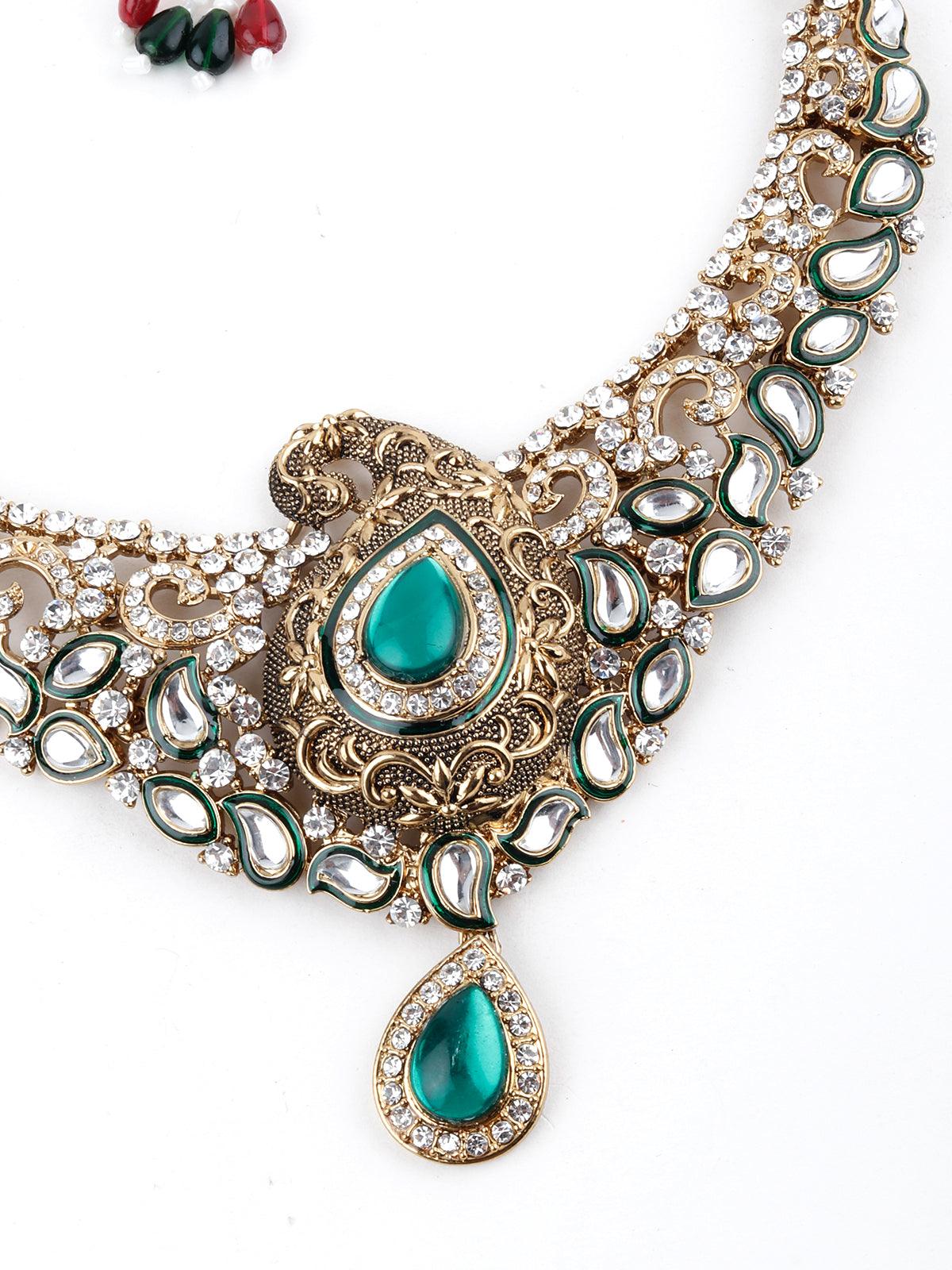 Green and White Kundan Paisley Choker Necklace - Rajwada