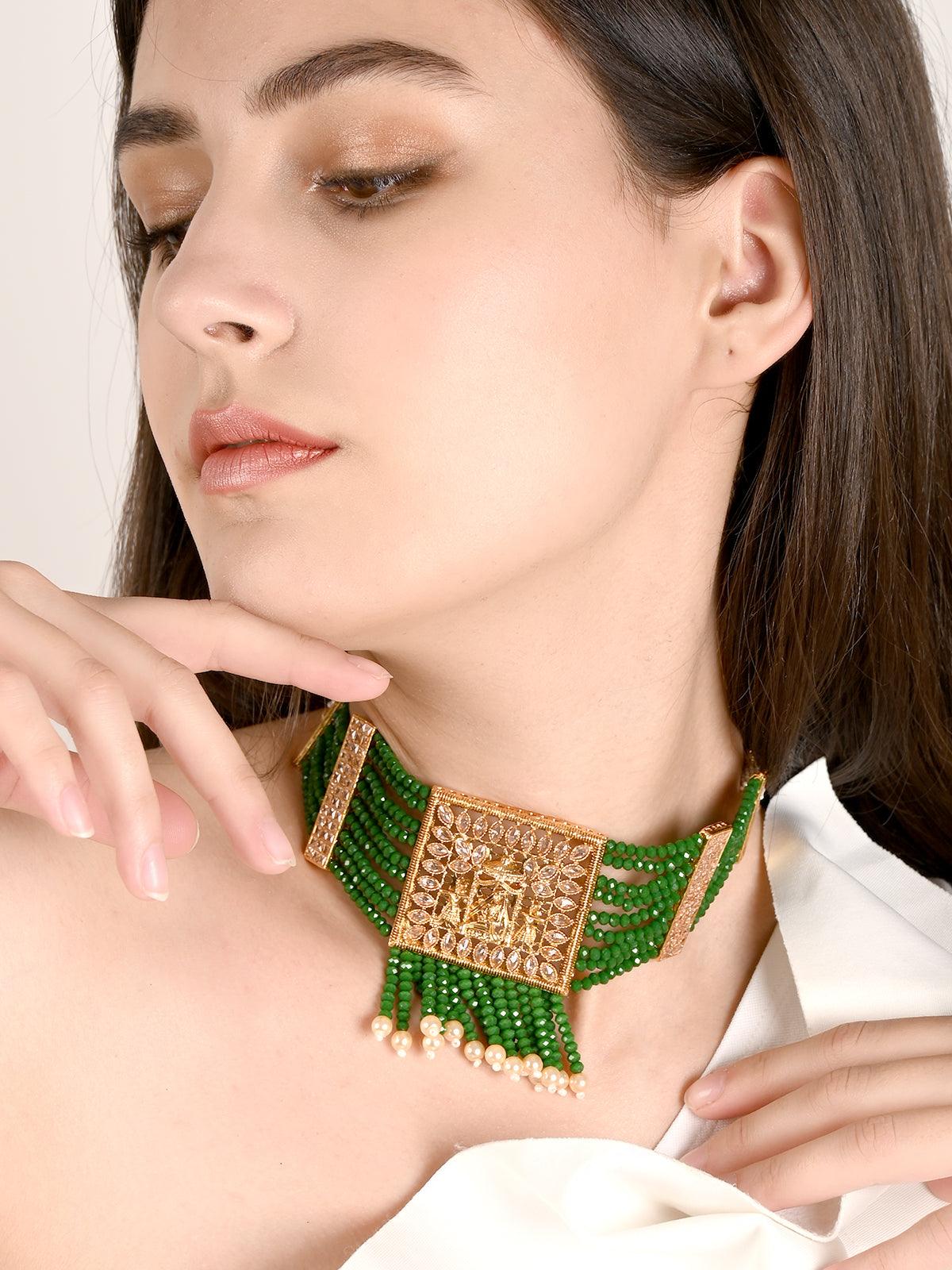 Green Beads Kundan Jewellery Set - Rajwada