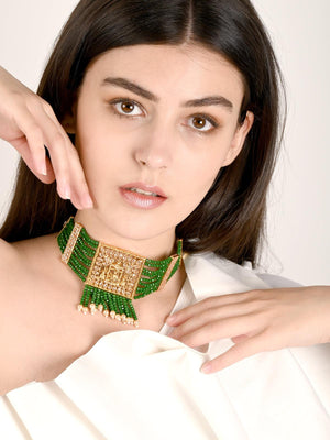 Green Beads Kundan Jewellery Set - Rajwada